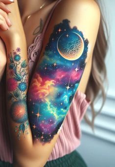 #tattoo #tattoodesign #amazing #trending Galaxy Rose Tattoo, Galaxy Half Sleeve Tattoo, Galaxy Cover Up Tattoo, Arm Tattoos For Women’s, Geometric Galaxy Tattoo, Fire Tattoos For Women, Colorful Arm Tattoos, Night Sky Tattoo Sleeve, Bright Color Tattoos For Women