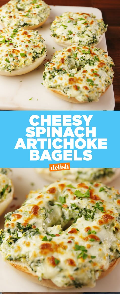 Spinach Artichoke Bagels, Asiago Bagel Sandwich, Recipes Using Bagels, Bagel Meal Ideas, Bagel Meals, Mozzarella Snacks, Breakfast Pizza Bagels, Asiago Bagels, Sausage Ideas