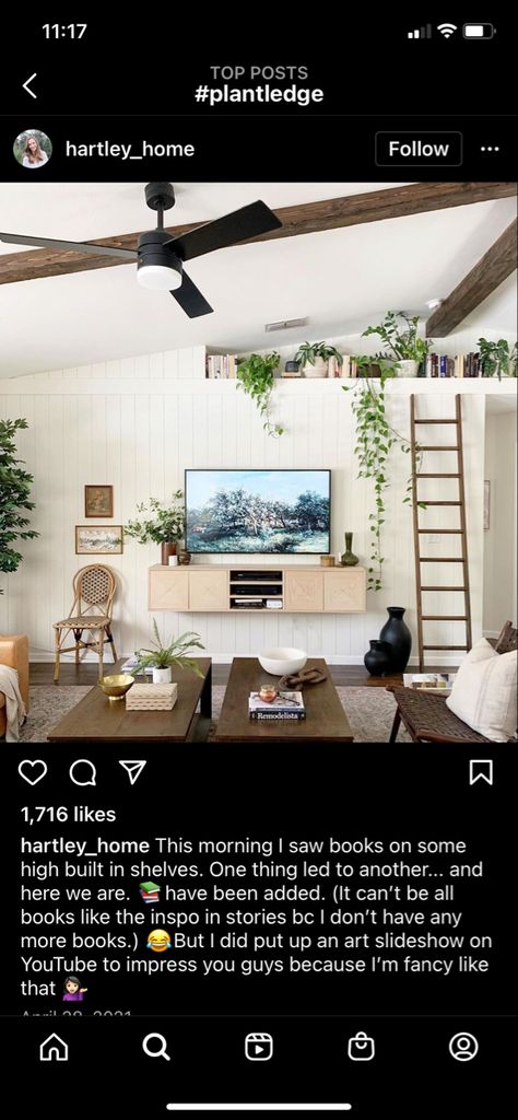 High Plant Shelf Decor Vaulted Ceilings, High Ceiling Ledge Decor, Boho Vaulted Ceiling Living Room, House Ledge Decor, Vaulted Ceiling Plant Wall, Vaulted Ceiling Shelf Decor Living Room, Vaulted Ceiling Plant Shelf Decor, Plant Ledge Decorating Vaulted Ceilings, Vaulted Ledge Decor