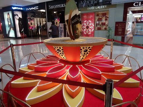 Diwali decoration at Ambience Mall Diwali Installation Ideas, Diwali Mall Installation, Diwali Mall Decor, Mall Installations, Diwali Installation, Garba Decor, Sports Day Decoration, Flower Decoration For Ganpati, Lotus Decor