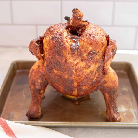 This Traeger beer can chicken is so easy and delicious. We use our own simple dry rub to smoke this chicken to moist, flavorful perfection. Traeger Beer Can Chicken, Beer Can Chicken On The Grill, Smoked Beer Can Chicken, Traeger Chicken, Chicken Substitute, Bbq Dry Rub, Chicken Pot Pie Filling, Pot Pie Filling, Beer Can Chicken