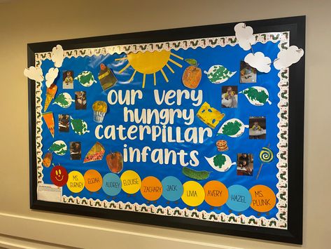 August Infant Bulletin Board, Infant Class Bulletin Boards, Birthday Board Classroom Aesthetic, Infant Room Themes Daycare, Infant Preschool Room Ideas, Baby Room Bulletin Boards Ideas, Daycare Welcome Board Ideas, Infant Room Daycare Organization Ideas, Infant Room Daycare Door Decorations