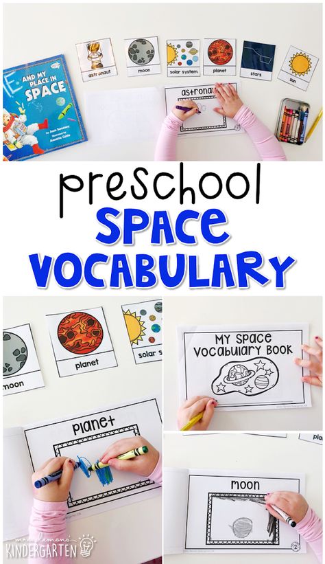 Space Activities Preschool, Space Vocabulary, About Planets, Space Theme Preschool, Space Activities For Kids, Space Preschool, Space Unit, Vocabulary Book, Science Skills