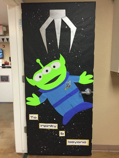 Toy story alien door for Space theme                                                                                                                                                                                 More Alien Themed Classroom Door, Toy Story Alien Craft, Alien Door Decoration, Space Theme Pep Rally, Alien Classroom Door, Alien Classroom Theme, Space Theme Door Decorations, Toy Story Homecoming Theme, Toy Story Decorations Classroom