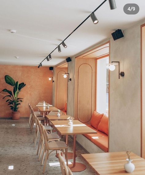 Orange Bakery Interior, Orange Cafe Interior, Simple Restaurant Design, Orange Coffee Shop, Bright Coffee Shop, Scandinavian Cafe, Orange Restaurant, Coffee Cafe Interior, Orange Cafe