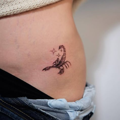 Scorpio Tattoo On Hip, Scorpion Tattoo Behind The Ear, Hip Tattoos Women Scorpion, Creative Scorpio Tattoo, Scorpio Tattoo Hip, Cute Scorpion Tattoo For Women, Scorpion Moon Tattoo, Scorpio Hip Tattoo, Scorpion Minimalist Tattoo