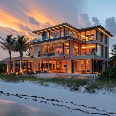 Beach Mansion Exterior, Modern Beachfront House, Beach House Mansion, Mansion On The Beach, Big Beach House, Beach Modern House, Family Compound Ideas, Beach Mansions, Houses In Florida