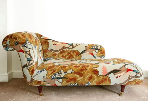 Mulberry Flying Ducks Chaise Mulberry Flying Ducks Fabric, William Morris Upholstered Chairs, Designers Guild Fabric Upholstery, Chicken Upholstery Fabric, Multi Coloured Upholstery Fabric, Floral Upholstery Fabric Velvet, Contemporary Tile, Mulberry Home, Hotel Room Design