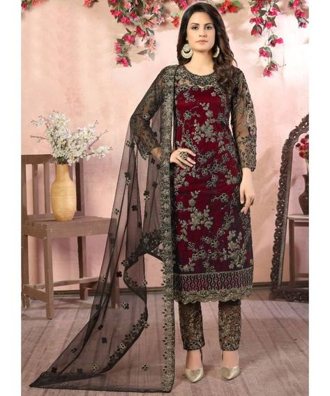 Once you wear it, you'll be the centre of attention at the event. Anarkali Lehenga Gowns, Celana Fashion, Straight Cut Pants, Salwar Kamiz, Embroidered Pants, Pant Suit, Net Dupatta, Pakistani Suits, Salwar Suit