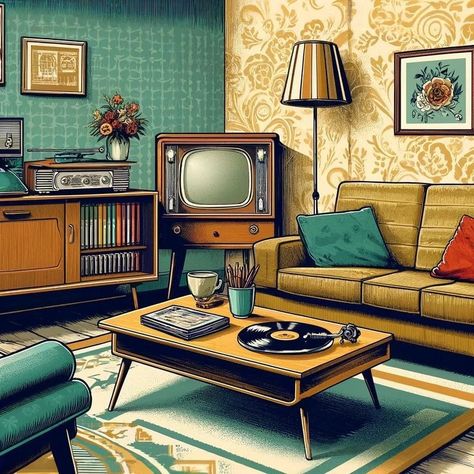 1950s Lounge Room, Retro Living Room Art, 50s Aesthetic House, Vintage Small Living Room Ideas, 50s House Aesthetic, 50s House Interior, Wandavision House, 1950 Living Room, Mid Century Living Room 1950s