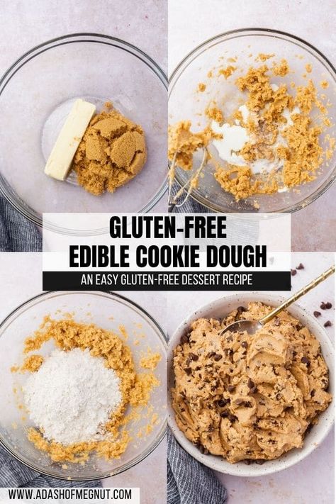 This gluten-free edible cookie dough gives you all of the reward without any of the risk. Egg-free with heat-treated flour, it's not only safe to eat this chocolate chip cookie dough raw, it's encouraged. #glutenfree #recipe Gf Edible Cookie Dough, Vegan No Bake Cookie Dough, Gluten Free Cookie Dough Edible, Edible Cookie Dough Almond Flour, Gluten Free Edible Cookie Dough, Gluten Free Chocolate Chip Cookie Dough, Gluten Free No Bake Cookies, Egg Free Cookie Dough, Vegan No Bake Cookies