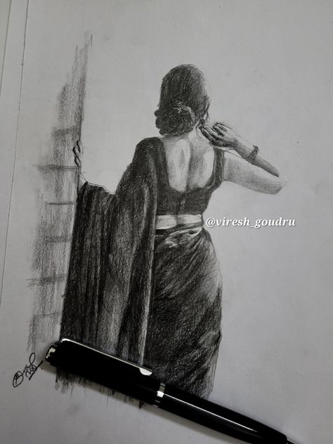 Woman Graphite pencil sketch Women In Saree Drawings, Indian Woman In Saree Pencil Sketch, Woman In Saree Sketch, Drawing Of Indian Women, Sketch Of Indian Women, Saree Women Drawing, Saree Drawing Sketches Pencil, Woman In Saree Painting, Girl In Saree Drawings