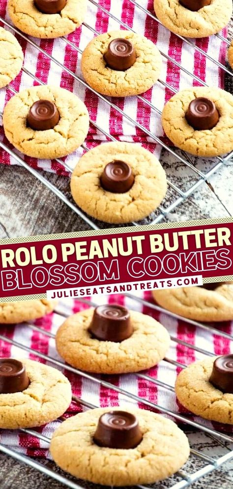 Peanut Butter Cookies With Rolos, Peanut Butter Rolo Cookies, Rollo Cookies, Blossom Cookies Recipe, Rolo Cookies, Peanut Butter Blossom, Easy Dessert Recipes Christmas, Butter Blossoms, Super Cookies