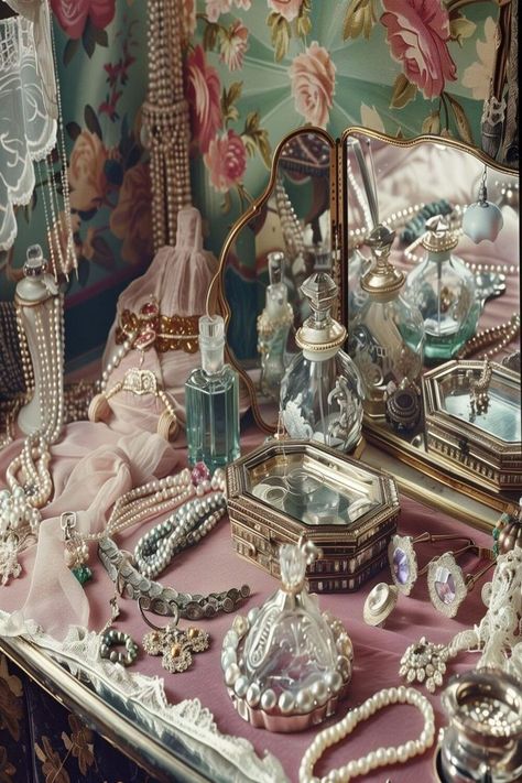 Storage Ideas For Perfumes And Lotions, Jewelry Making Table, Elegant Vanity Ideas Bedroom, Vanity Aesthetic Vintage, Vintage Vanity Ideas Bedroom, Vintage Hollywood Bedroom, Vintage Salon Decor, Vintage Antique Aesthetic, Fresh Bedroom Decor