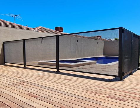 Perforated Marine grade aluminium pool fencing Pool Fence Ideas Australia, Pool Perf, Aluminium Pool Fence Ideas Australia, Pool Perf Fencing, Clear Pool Fence, Plexiglass Pool Fence, Pool With Safety Fence, Fence Around Pool, Pool Fences