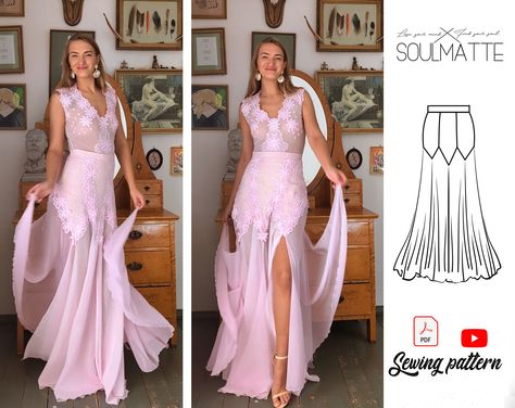 Digital skirt pattern, wide evening skirt pattern for beginners, instant download, Evening skirt pattern. Skirt with split, video tutorial Floor Length Skirt Pattern, How To Sew A Long Skirt, V Waist Skirt, Layered Skirt Pattern, Skirt Sewing Tutorial, Long Skirt Pattern, Skirt Pattern Free, Skirt With Split, Prom Skirt