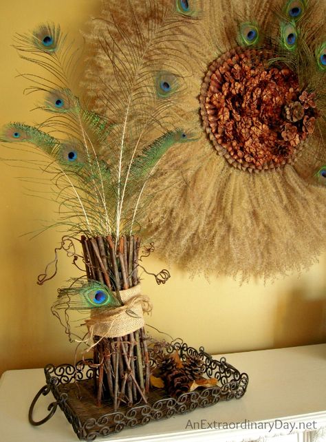 Stick Vase filled with Peacock Feathers :: Pampas Grass Wreath :: AnExtraordinaryDay.net Peacock Feathers Decorations Home Decor, Peacock Room Decor, Pampas Wreath, Pampas Grass Wreath, Wreath For Fall, Make A Wreath, Grass Wreath, Peacock Christmas, Decorated Wreaths