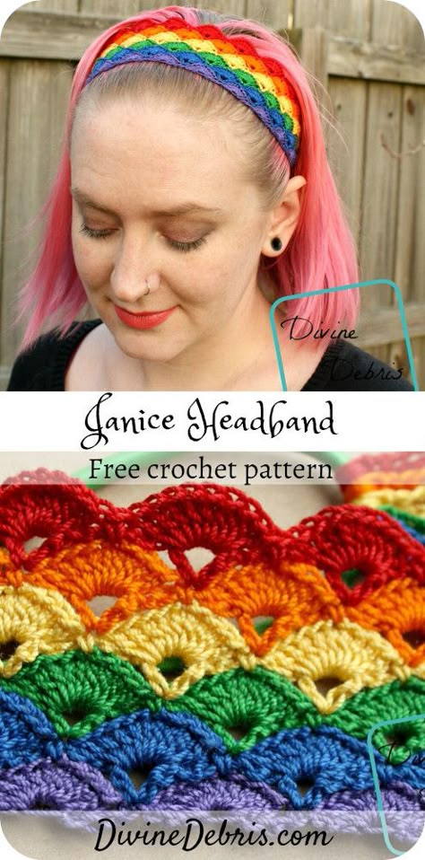 Learn to make a easy and fun crochet headband using size 10 crochet thread, the Janice Headband, from free crochet pattern on DivineDebris.com#crochet #freepattern #crochetthread #headbands #rainbows Free Crochet Pattern Hair Accessories, Crochet Rainbow Bandana, Crochet Pride Accessories, Free Pride Crochet Patterns, Thread Crochet Patterns Free Size 10, Crochet Summer Headband Pattern Free, Crochet Boho Headband Pattern Free, Size 10 Crochet Thread Patterns, Crochet Cute Accessories