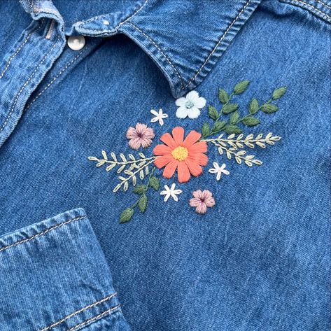 I never uploaded pics of this button down shirt. This is stitched on an oversized Universal Threads shirt and I love how these colors pop on the denim! Denim Blouse With Floral Embroidery, Summer Embroidered Denim Shirt, Denim Floral Embroidery Button-up Tops, Embroidered Denim Button-up Shirt, Denim Blue Floral Embroidery Button-up Top, Denim Embroidery, Universal Thread, Denim Shirt, Floral Embroidery