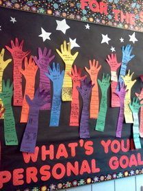 What's your personal goal...I love the idea of hands raised in the air as if they're reaching for the goal! Goals Bulletin Board, Counseling Bulletin Boards, Esl Ideas, Goal Setting For Students, Leader In Me, Student Goals, Learning Goals, Academic Achievement, Classroom Bulletin Boards