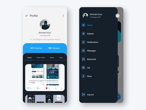 Profile & side menu | twitter redesigned concept UI by Shrinidhi Gour App Side Menu Design, Side Menu Ui Design, Slider Ui, Sidebar Design, Ux Design Principles, Ux App Design, Android App Design, Navigation Design, Mobile Web Design