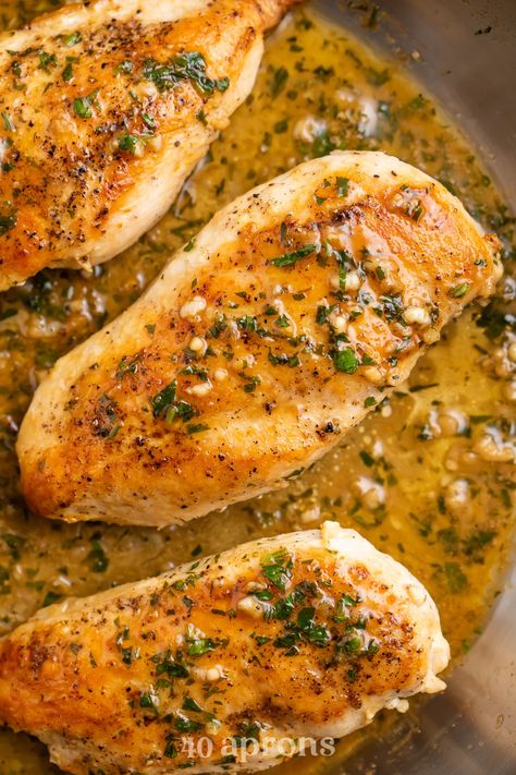 This is one of my most requested recipes when I'm cooking for family! Super easy to throw together but loaded with flavor, tender and moist chicken chicken breasts are swaddled in a delicious garlicky butter sauce. My husband's favorite meal ever. Sauteed Chicken Breast Recipes, Sauteed Chicken Recipes, Chicken Breast Sauce, Cooking For Family, Garlic Sauce For Chicken, Sautéed Chicken, Moist Chicken Breast, Pan Seared Chicken Breast, Spinach Casserole