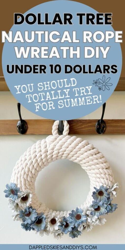 Summer Nautical Rope Wreath Idea (Dollar Tree DIY) - Dappled Skies and Diys Dollar Tree Nautical Decor, Dollar Tree Nautical Diy, Nautical Rope Crafts, Nautical Rope Wreath, Nautical Rope Decor, Rope Wreath Diy, Nautical Decor Diy, Tree Rope, Diy Nautical