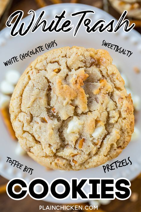 White Chocolate Trash Cookies - cookies loaded with white chocolate chips, toffee bits and pretzels. Sweet & salty in every bite. Sugar, brown sugar, butter, Bisquick, vanilla, egg, white chocolate chips, toffee bits, and pretzels. Copycat recipe of my favorite cookie at a local bakery. So easy to make and DANGEROUSLY delicious! These cookies never last long in our house! #cookies #whitechocolate #chocolatechipcookies No Fail Cookie Recipes, Trashcan Cookies Recipe, Cookie With White Chocolate Chips, Baking With White Chocolate Chips, White Trash Cookies, Trash Cookies Recipes, Trash Can Cookies Recipe, Recipes With White Chocolate Chips, Trash Can Cookies