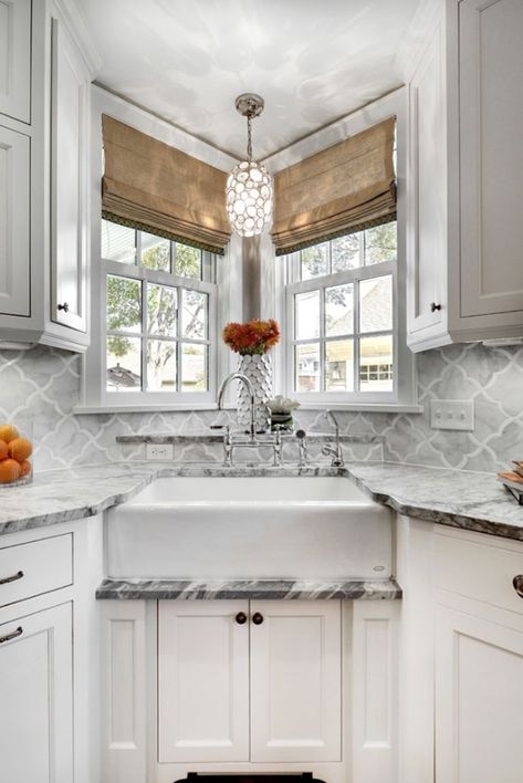 50 Amazing Farmhouse Sinks to Make Your Kitchen Pop | Home Remodeling Contractors | Sebring Design Build Corner Farmhouse Sink, Corner Kitchen Sink Ideas, Corner Kitchen Sink, Kitchen Sink Window, Farmhouse Kitchen Backsplash, Corner Kitchen, Corner Sink Kitchen, House Farm, Kitchen Sink Design