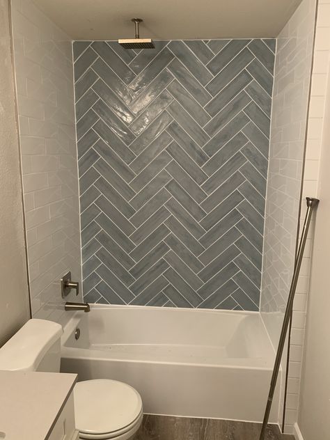 Bathroom With Multiple Tiles, Ombre Herringbone Tile, Villa Seaside Polished Ceramic Tile, Glass Herringbone Tile Bathroom, Herringbone Tiling Bathroom, Seaside Polished Ceramic Tile Bathroom, Herringbone Tile Bathtub Wall, Small Bathroom Herringbone Tile, Herringbone Tile Wall Bathroom