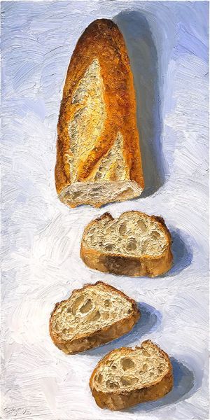 "Cut Baguette"   I wondered how I would fit the long bread onto the longest painting surface in my studio... and my bread knife provided the solution.  original oil painting, 20x10" oil on wood , available for sale.  #bread #breadart #breadpainting #baguette #baguettepainting #foodart Grilled Cheese Oil Painting, Bread Painting Acrylic, Bread Oil Painting, Food Painting Aesthetic, Longing Painting, Baguette Painting, Food Painting Ideas, Baguette Drawing, Baguette Illustration