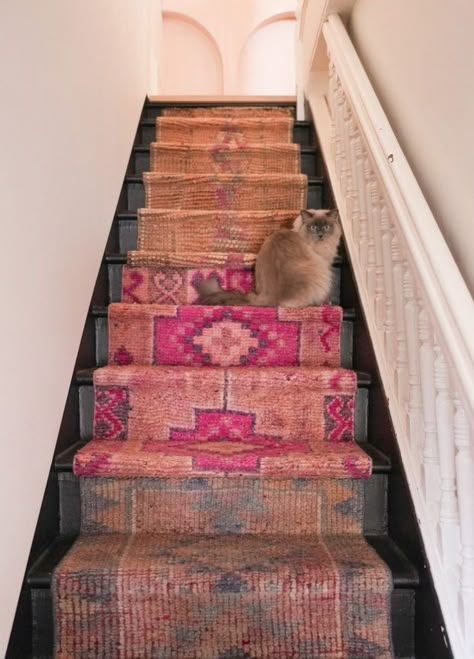 This Colorful, Quirky Home Is Giving Major Anthropologie Vibes on a DIY Budget Rug On Stairs, Ikea Hemnes Shoe Cabinet, Stairs Home, Goth Kitchen Decor, Hemnes Shoe Cabinet, Goth Kitchen, Styling Bookshelves, Toronto Home, Quirky Home