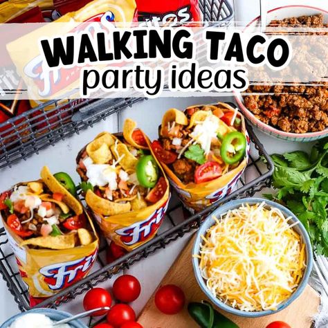 Tacos For Birthday Party, Walking Tacos Party Set Up, How To Make Walking Tacos, Taco Tray Parties Food, Taco Bar For Christmas Party, Walking Taco Board, Halloween Walking Taco Bar, Tacos For Party, Walking Food Ideas