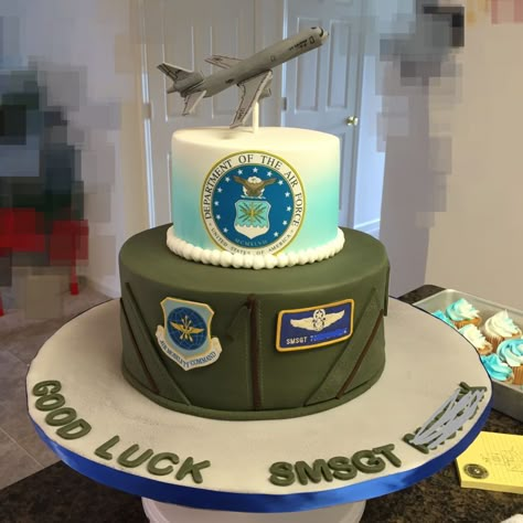 Air Force Retirement Cake 10 and 6 inch tiers. First time covering a cake in fondant. Frosting sheet accents. Gumpaste airplane topper. Air Force Retirement Cake Ideas, Air Force Promotion Cake, Military Promotion Cake, Air Force Cake Ideas, Air Force Retirement Cake, Air Force Retirement Party Ideas, Military Retirement Cake, Retirement Cake Ideas, Air Force Cake