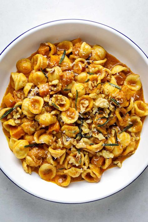 'Nduja Pasta with Butternut Squash and Rosemary Fried Walnuts Nduja Pasta, French Mashed Potatoes, Craving California, Autumn Pasta, Pasta With Butternut Squash, Croissant Bake, Chocolate Rice Crispy Treats, Peach Pork Chops, Roasted Kabocha Squash