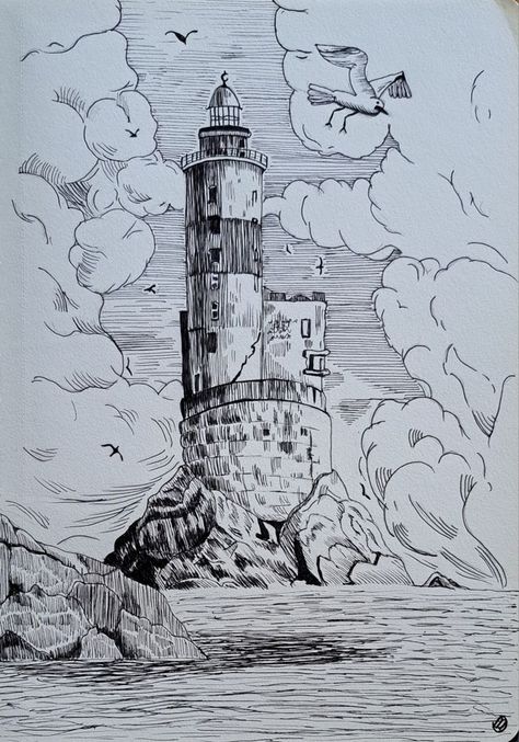 Black And White Scenery Drawing, Line Art Scenery, Hatching Landscape, Fine Liner Sketch, Pen And Ink Landscape, Lighthouse Drawing, Pen Art Work, Pen Illustration, Pen Art Drawings