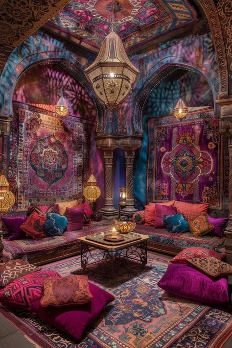 Meditation Room In House, Peaceful Room Ideas, Bohemian Den, Marocco Interior Design, Arabian Interior Design, Harem Room, Arabic Bedroom, Arabian Bedroom, Arabian Living Room