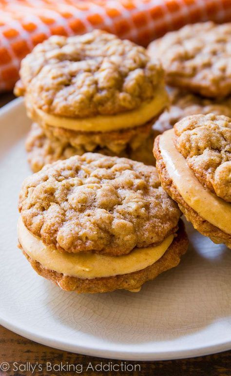 Sally's Baking Addiction Oatmeal Pumpkin Creme Pies - these are amazing any time of year! Oatmeal Pies, Halloween Pie, Oatmeal Pumpkin, Pumpkin Cream Pie, Oatmeal Pie, Creme Pie, Pumpkin Filling, Sallys Baking, Sandwich Biscuits