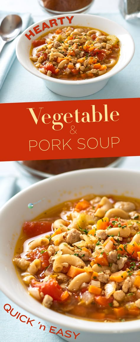 A delicious and filling vegetable and ground pork soup with pasta for two that's ready in under 30 minutes and packed with flavor.  It's easy to turn ground pork and pasta into a great tasting inexpensive soup. Ground Pork Soup, Pork And Pasta, Pasta For Two, Soup Pork, Soup With Pasta, Pork Soup Recipes, Pork Stew Recipes, Pork Casserole, Ground Pork Recipes