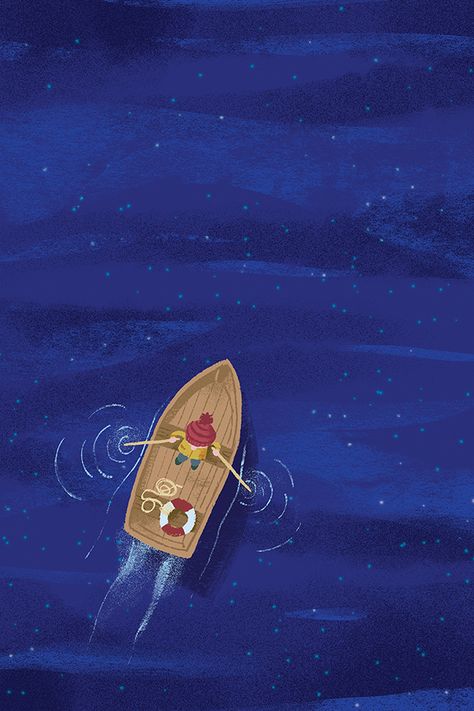 Row Boat from above at night illustration by Chris Chatterton Boat From Above Illustration, Row Boat Illustration, Rowing Boat Illustration, Rowing Boat Drawing, Lifeboat Drawing, Boat Illustration Art, Boating Illustration, Boat From Above, Rowing Illustration