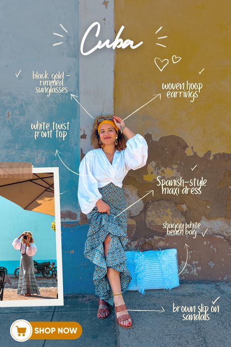 Looking for some outfit inspiration for Cuba? Want to know what colors, styles, fabrics to wear to fit into the gorgeous 1950's Spanish style scenery, and get the PERFECT picture? Click through to shop my style! #cuba #caribbean #caribbeanvacation #cubatraveltips #cubanstyle #curlyhair #curlyhairinspo Havana Outfit Ideas, Cuba Travel Outfit, Cuba Outfit Ideas, Cuba Outfits, Cuban Outfit, Cuba Outfit, Cuban Women, Cuba Vacation, Havana Nights Party