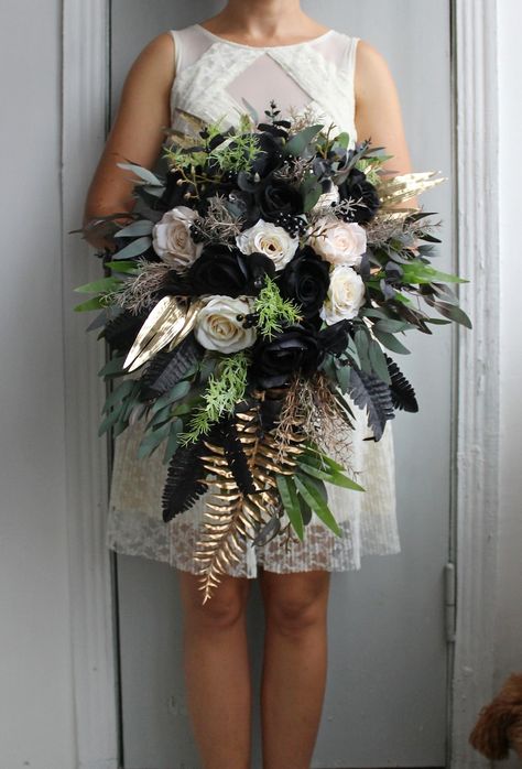 Emerald Green Black Ivory Gold Wedding Flowers Cascading - Etsy Green And Black Flower Bouquet, Wedding Bouquet Crystal, Black Green And Gold Wedding Flowers, Black Sage Green Wedding, Forest Green Wedding Flowers, Black And Green Bouquet, Black And Gold Flower Arrangements, Green Gold Black Wedding, Emerald Green Flower Bouquet