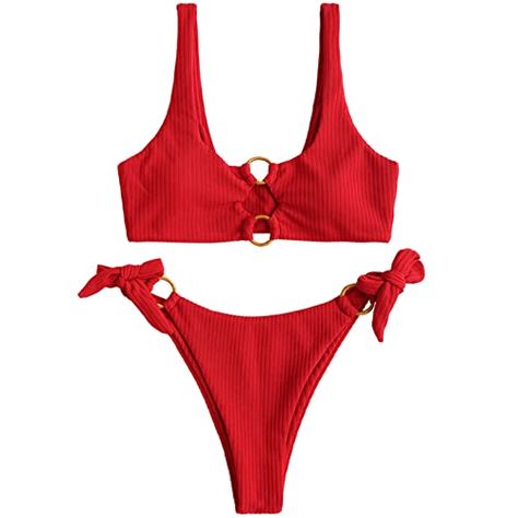 ZAFUL Women's Ribbed O-Ring String Bikini Swimsuit Cheeky Thong Swimwear Two Pieces Bathing Suit Pool Tanning, Suit Clothing, Looks Style, Small Tops, Beach Trip, O Ring, Two Pieces, Cute Designs, Bathing Suit