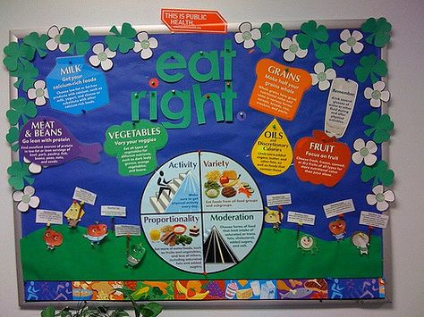 This bulletin board was created for health department staff in March (Nutrition Month) to remind them about the benefits of healthy eating. Cafeteria Bulletin Boards, Nutrition Bulletin Boards, Pe Bulletin Boards, Nurse Bulletin Board, Health Bulletin Boards, Food Bulletin Boards, Nutrition Poster, Work Bulletin Boards, National Nutrition Month