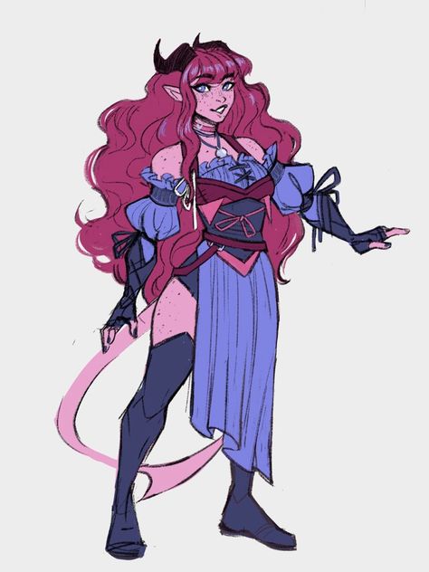 Teifling Female Pink, Pink Hair Tiefling, Girly Dnd Character, Dnd Poses Reference, Dnd Character Design Tiefling, Pink Dnd Character, Teifling Dnd Art, Tiefling Bard Female, D&d Oc