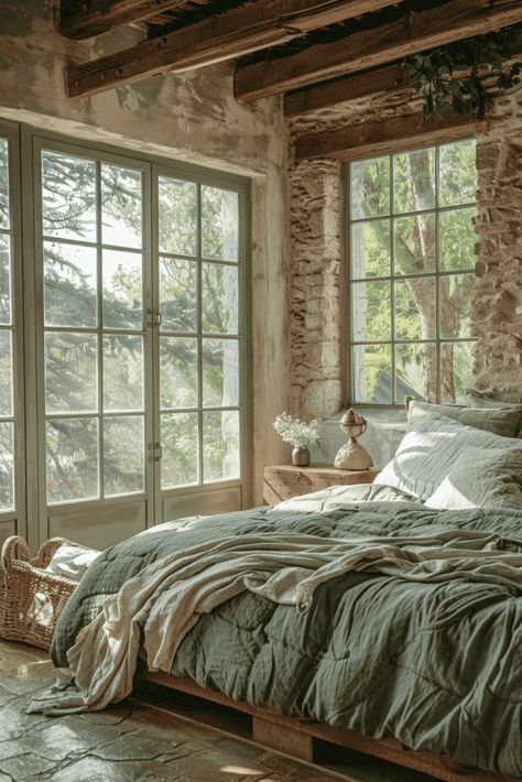 rustic Farmhouse Bedroom Practical Bedroom Ideas, Italian Farmhouse Bedroom, French Farmhouse Bedroom, Boho Master, Old Style House, Cluttered Bedroom, Moody Lighting, Farm Bedroom, Rustic Farmhouse Bedroom