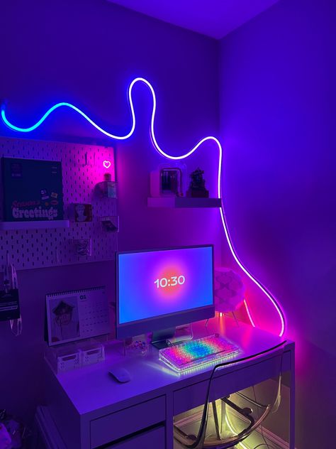 Pc Gaming Setup Bedroom, Rgb Lighting Ideas Bedroom, Led Gaming Room, Led Lights Bedroom Aesthetic, Gaming Lights, Led Lights Bedroom, Desk With Led Lights, Game Setup, Led Lighting Bedroom