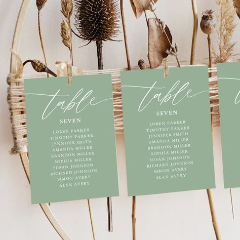 Sage Green Calligraphy Wedding Seating Chart  Table Number Sage Green Spring Wedding, Wedding Seating Chart Table, Simple Table Numbers, Green Spring Wedding, Green Calligraphy, Seating Chart Cards, Calligraphy Table Numbers, Wedding Table Seating Chart, Table Numbers Wedding Rustic