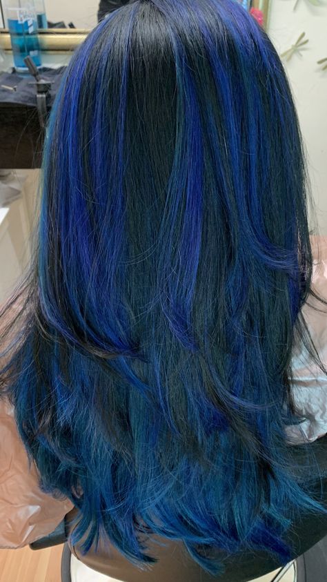 Blue Hair With Black Highlights, Blue Hair Blonde Highlights, Brown Blonde And Blue Hair, Blue Highlights In Light Brown Hair, Black And Dark Blue Hair, Blue Hair Ideas For Brunettes, Blue And Black Hair Ideas, Half Blue Half Black Hair, Dark Hair With Blue Highlights