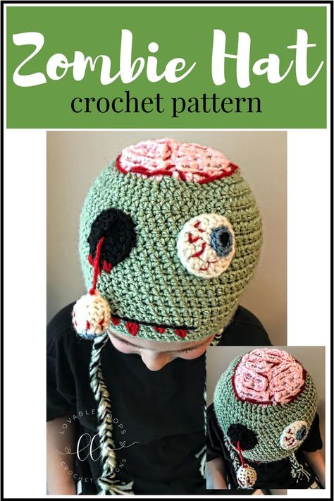 Free Zombie hat crochet pattern. I was really excited when my kindergartner, Mark, asked me to make a zombie hat for him. I asked him to draw a picture of how he wanted it to look. We agreed that it needed to have a hanging eyeball and an exposed brain. I hope you like it as much as he does! Crochet Zombie, Crochet Monster Hat, Crochet Halloween Hat, Crochet Beginner, Yarn Weights, Draw A Picture, Hat Patterns Free, Crochet Patterns Free Beginner, Hat Crochet Pattern